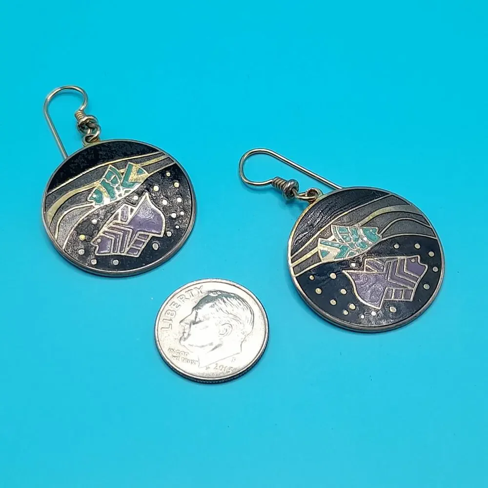 Vintage Laurel Burch Tropical Fish Drop Earrings, Cloisonné Enamel Gold Plated